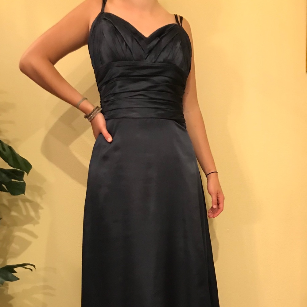 Dark blue floor length bridesmaid dress